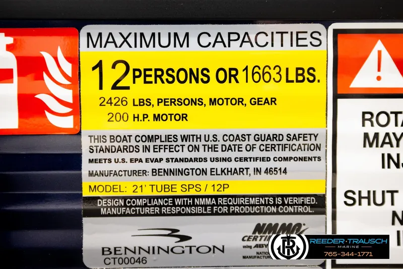 Slide: The Image of Capacity label for 2026 Bennington 22 SSBSF, 12 persons or 1663 lbs, 200 HP motor. - 54