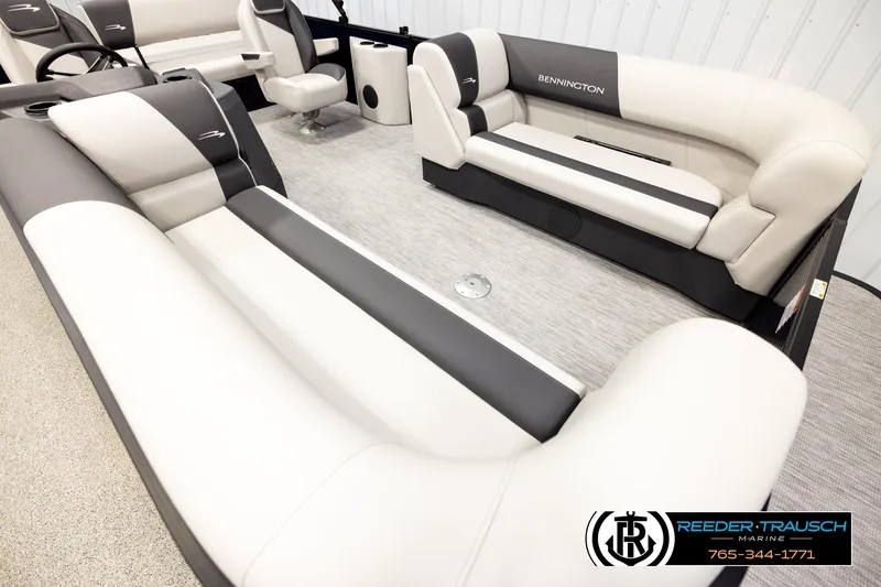 Slide: The Image of 2026 Bennington 22 SSBSF pontoon boat interior with plush seating and modern design. - 9