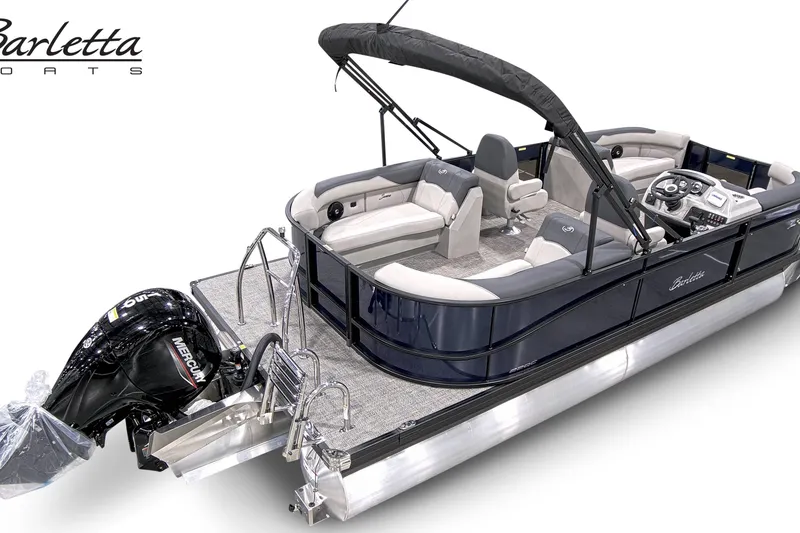 Slide: The Image of 2026 Barletta Sanza pontoon boat with Mercury outboard motor, featuring luxurious seating and sleek design. - 4