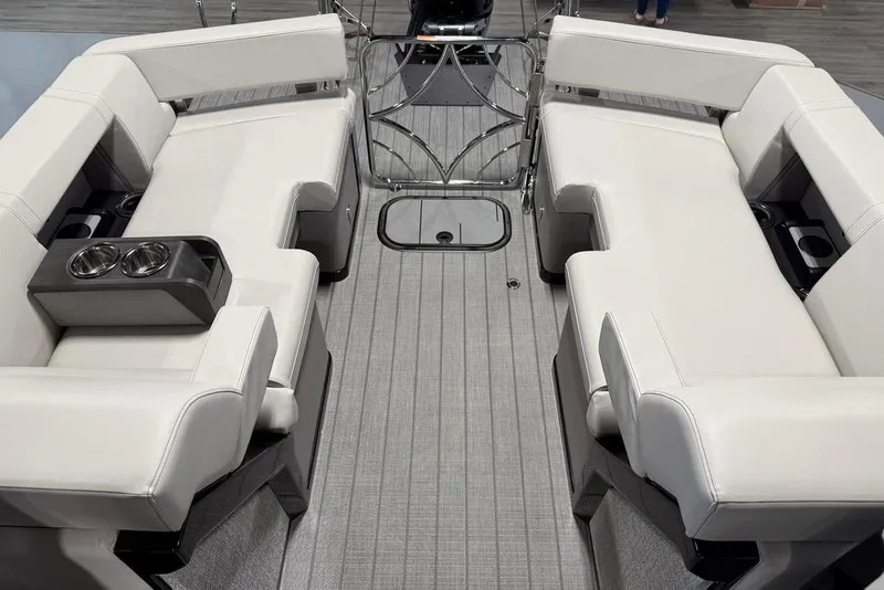 Slide: The Image of Luxurious seating on 2025 Balise Horizon 24 boat with modern design and cup holders. - 20