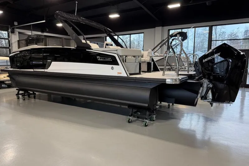 Slide: The Image of 2025 Balise Horizon 24 pontoon boat with Mercury engine in showroom. - 4