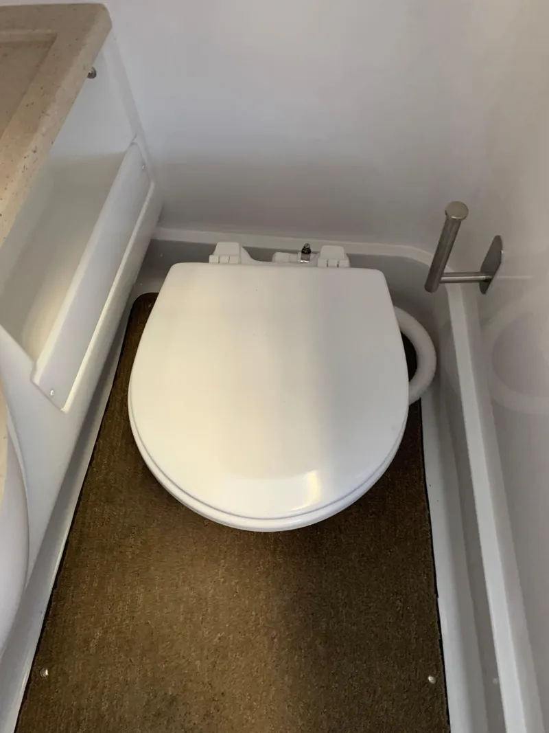 Slide: The Image of White toilet in a 2015 Cobalt 243 boat. - 43