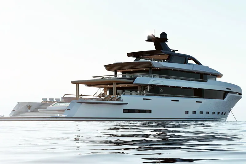 Slide: The Image of Luxurious RMK Yachts Orca 58M, 2026 model, cruising on calm waters. - 2