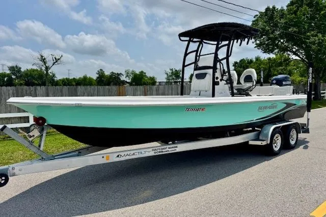 The Image of 2017 Blue Wave 2400 PureBay boat on trailer, parked on a sunny street. - 1