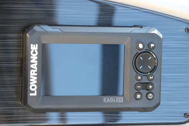 Slide: The Image of Lowrance Eagle 5 fish finder on Sylvan Mirage X1, 2025 model dashboard. - 28