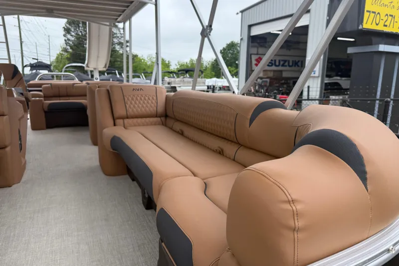 Slide: The Image of 2026 Avalon Catalina Cruise Funship with luxurious tan seating and spacious deck. - 11