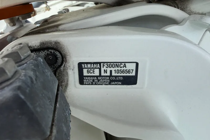 Slide: The Image of Yamaha F300NCA engine label on 2019 Jeanneau Leader 10.5 boat, made in Japan. - 28