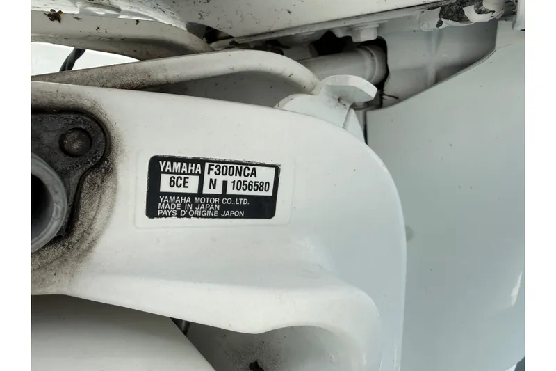 Slide: The Image of Close-up of Yamaha F300NCA engine label on 2019 Jeanneau Leader 10.5 boat. - 29