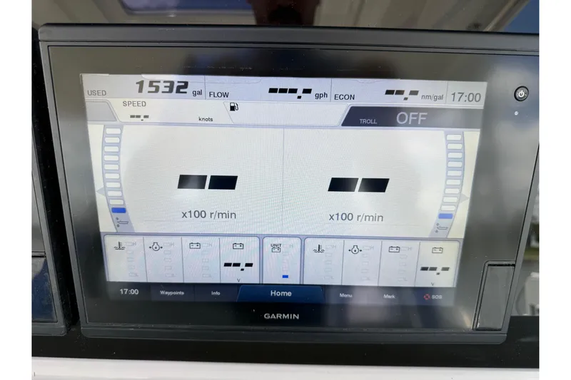 Slide: The Image of Garmin display on 2019 Jeanneau Leader 10.5 showing fuel and engine data. - 63