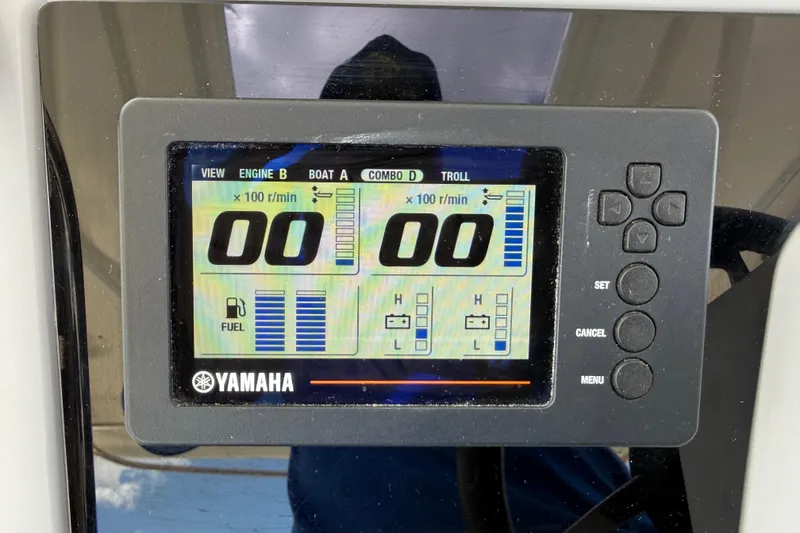 Slide: The Image of Yamaha display panel on 2019 Jeanneau Leader 10.5 boat showing engine and fuel data. - 65