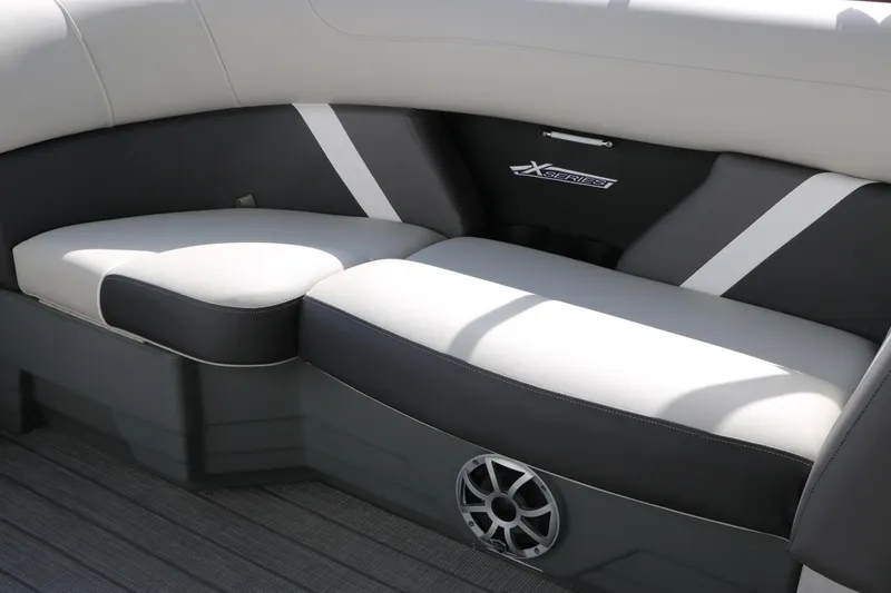 Slide: The Image of Luxurious seating in the 2025 Sylvan MIRAGE X3 DLZ BAR pontoon boat. - 23