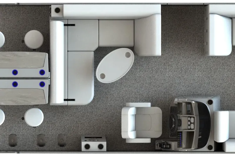 Slide: The Image of Top view of 2025 Sylvan MIRAGE X3 DLZ BAR interior layout with seating and control console. - 33