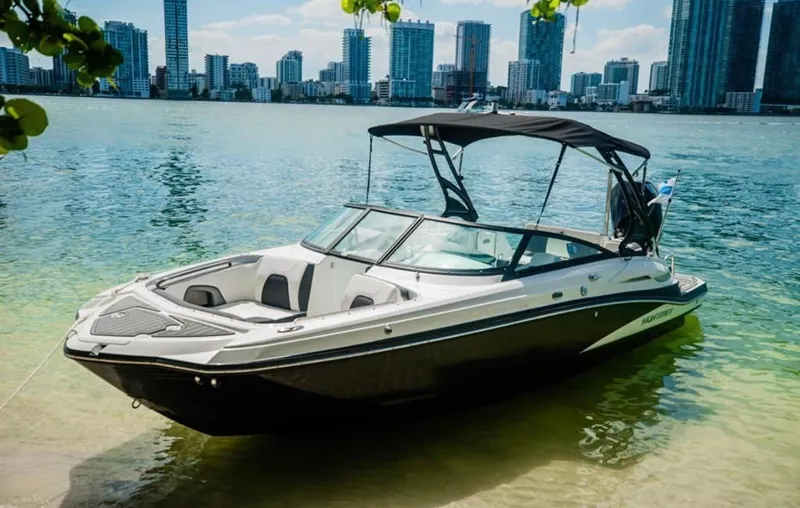 The Image of 2020 Monterey M45 boat docked by a city skyline, under a clear blue sky. - 0