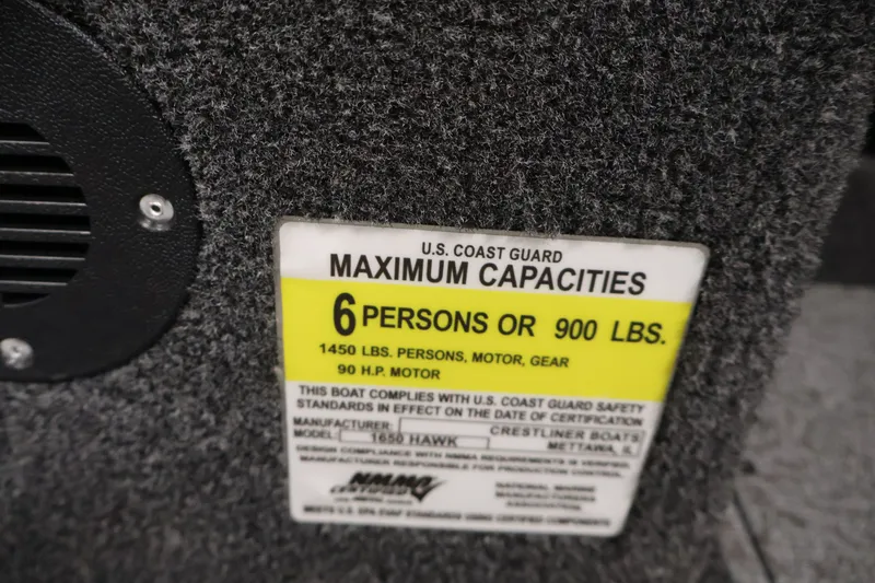 Slide: The Image of Capacity label on 2027 Crestliner 1650 HAWK SC, max 6 persons or 900 lbs. - 24