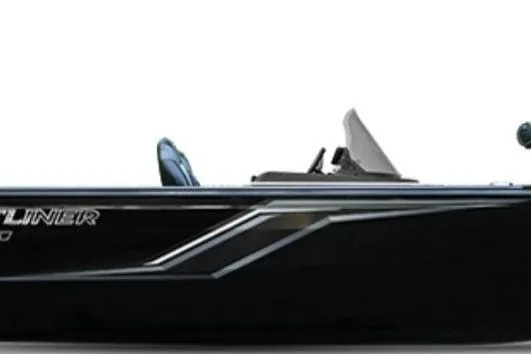 Slide: The Image of 2027 Crestliner 1650 Hawk SC boat, sleek black design, side view. - 39