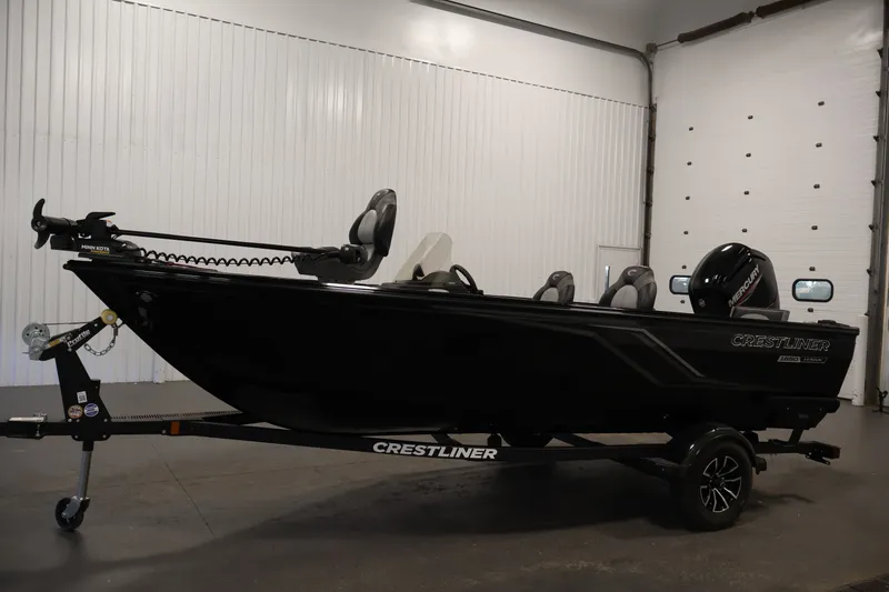 Slide: The Image of 2027 Crestliner 1650 HAWK SC fishing boat in a showroom, side view. - 12