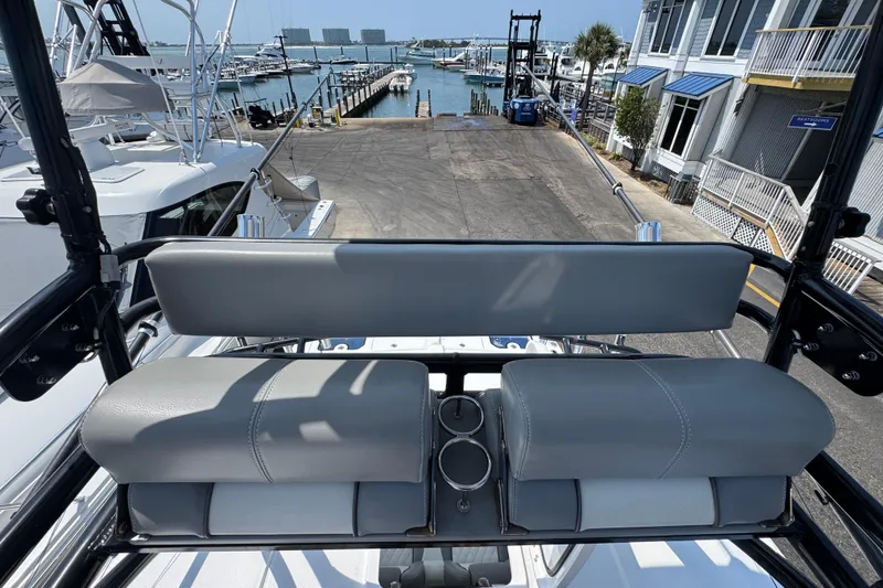 Slide: The Image of 2022 Everglades 395 Center Console boat at marina dock, view from helm. - 38