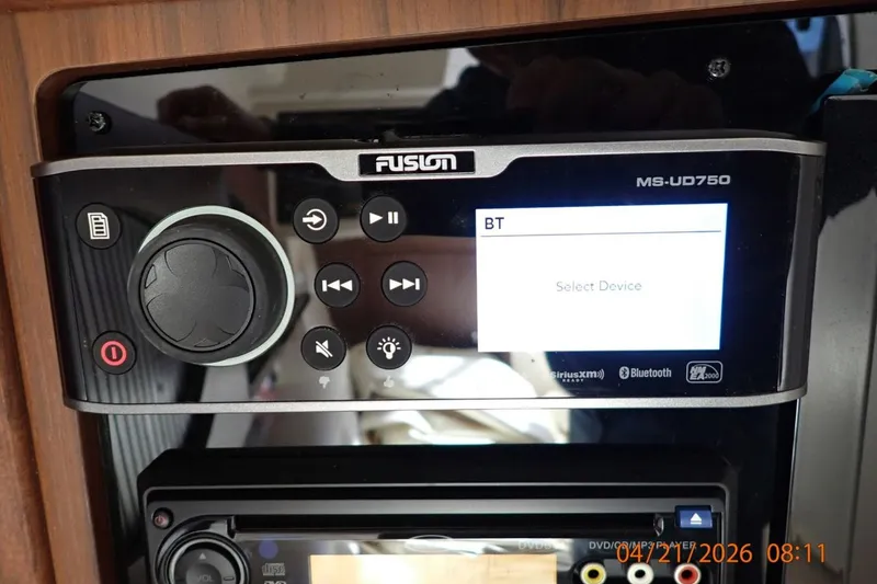 Slide: The Image of Fusion MS-UD750 stereo system on 2016 Grady-White Freedom 335 boat, displaying Bluetooth settings. - 16