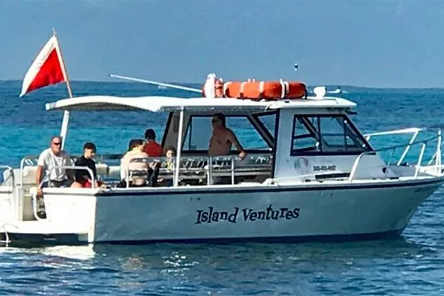The Image of 1996 Island Hopper Forward Cabin Dive Boat on ocean, with passengers and dive flag. - 1