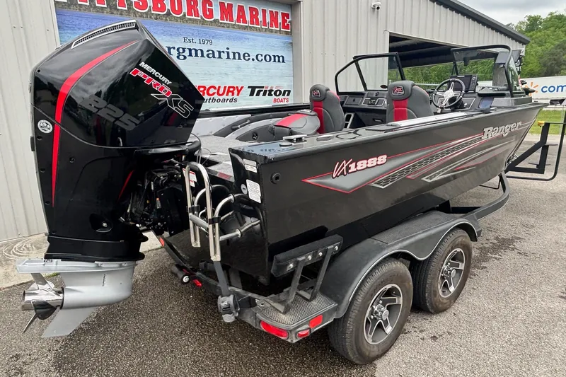 Slide: The Image of 2023 Ranger VX1888 WT boat with Mercury Pro XS engine on a trailer. - 15