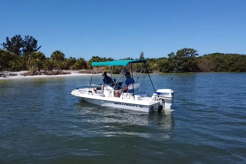 Slide: The Image of 1996 Wellcraft 160 Fisherman boat on water near a sandy shoreline with trees. - 17