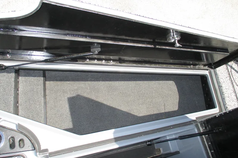 Slide: The Image of Open storage compartment in a 2022 Nitro Z20 boat, featuring carpeted interior. - 21