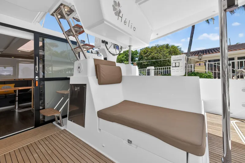 Slide: The Image of 2015 Fountaine Pajot Helia 44 yacht interior with seating and modern design. - 11