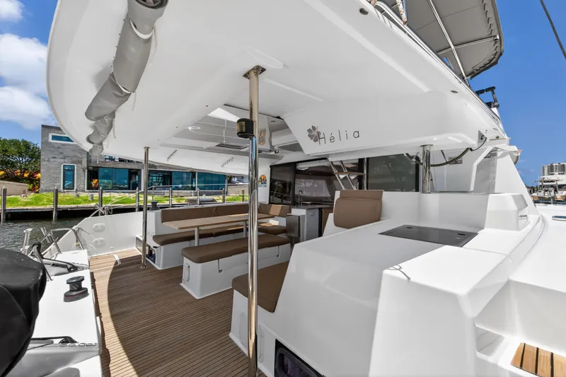 Slide: The Image of Spacious deck of 2015 Fountaine Pajot Helia 44 catamaran, featuring seating and modern design. - 23