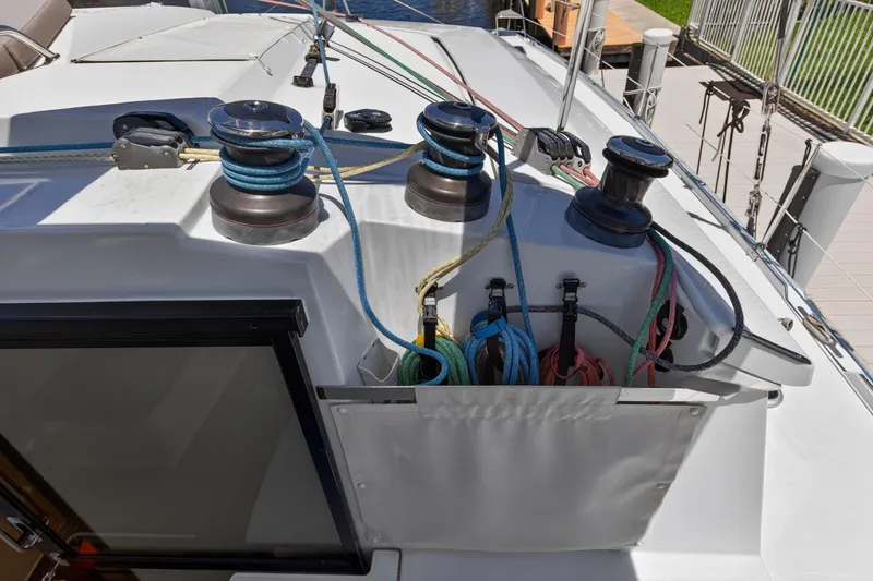 Slide: The Image of Deck view of 2015 Fountaine Pajot Helia 44 sailboat with winches and ropes. - 30
