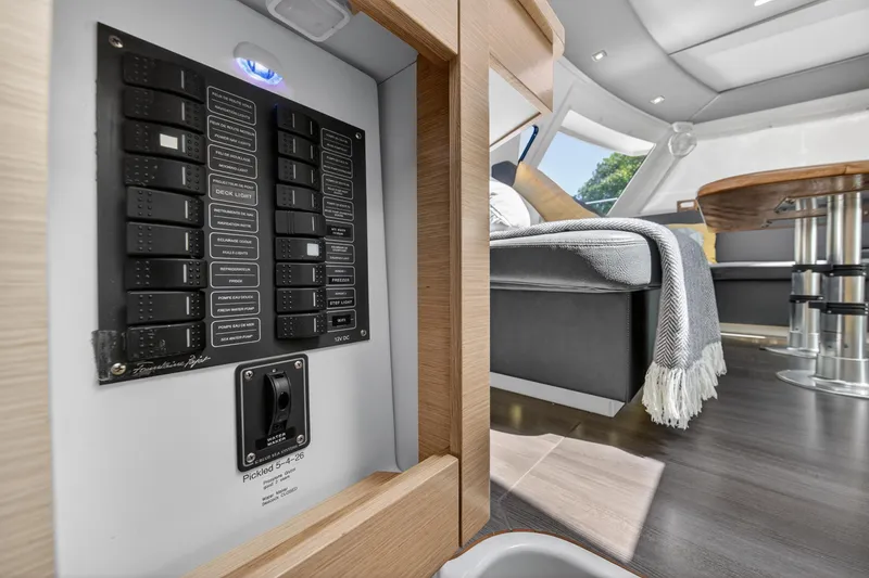 Slide: The Image of Interior of 2015 Fountaine Pajot Helia 44 yacht, featuring control panel and modern furnishings. - 54