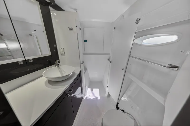 Slide: The Image of Modern bathroom interior of 2015 Fountaine Pajot Helia 44 catamaran, featuring sleek design elements. - 87