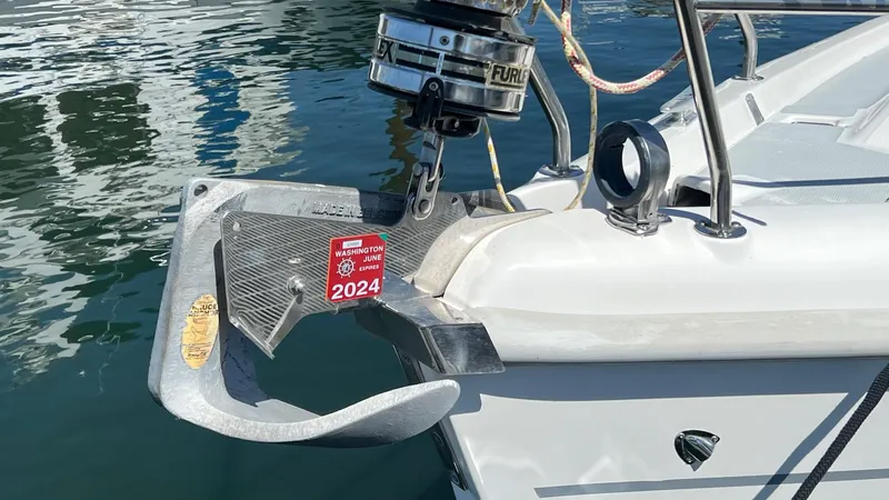 Slide: The Image of Close-up of a Hunter 340 anchor with 2024 license sticker. - 34