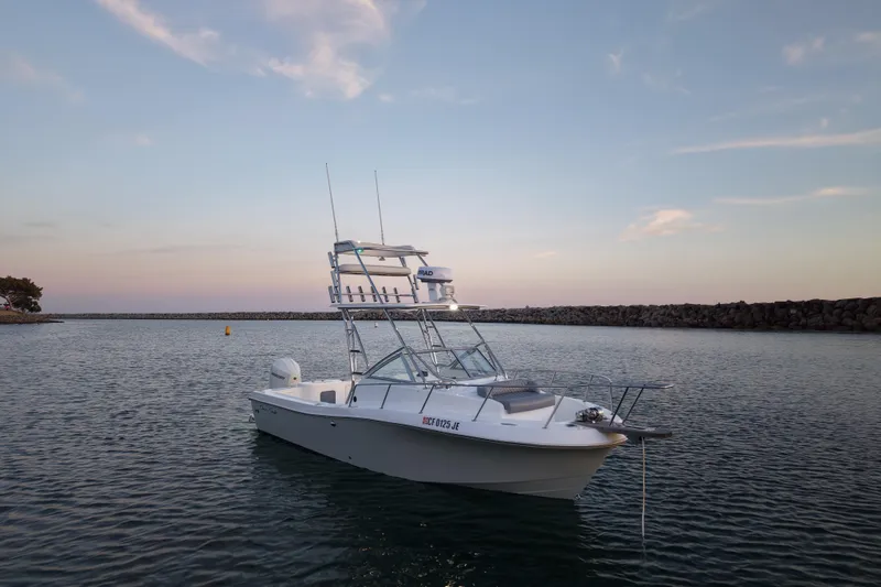 The Image of 1985 Chris-Craft 21 Scorpion Cuddy boat anchored in calm waters at sunset. - 0
