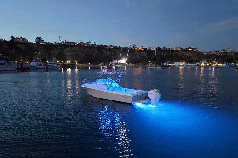 Slide: The Image of 1985 Chris-Craft 21 Scorpion Cuddy illuminated on calm water at dusk. - 24