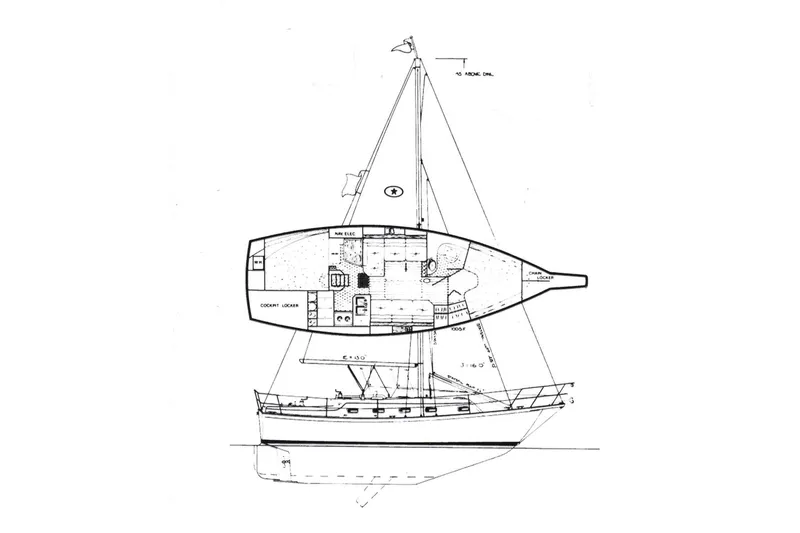 Slide: The Image of Blueprint of a 1990 Island Packet 32 sailboat, showcasing interior layout and sail design. - 33