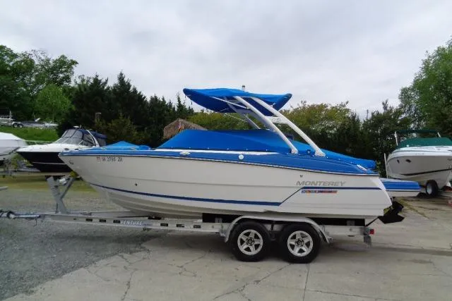 The Image of 2019 Monterey 218SS Super Sport boat on trailer, blue and white design. - 0