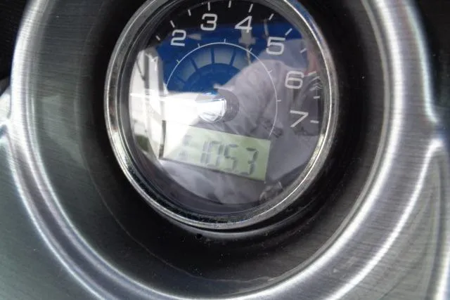 Slide: The Image of Close-up of a 2019 Monterey 218SS Super Sport speedometer displaying 105.3 hours. - 26