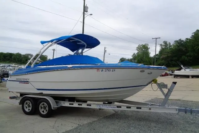 Slide: The Image of 2019 Monterey 218SS Super Sport boat on trailer with blue cover and canopy. - 3
