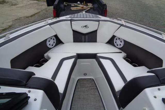 Slide: The Image of 2019 Monterey 218SS Super Sport boat interior with stylish seating and speakers. - 7