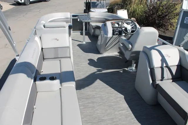 Slide: The Image of Interior of a 2021 Bennington 22 SSRCX pontoon boat with gray seating. - 7