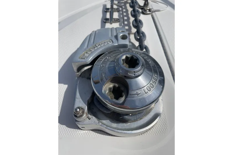 Slide: The Image of Close-up of a 2003 Sea Ray 340 Sundancer boat winch and anchor chain. - 6
