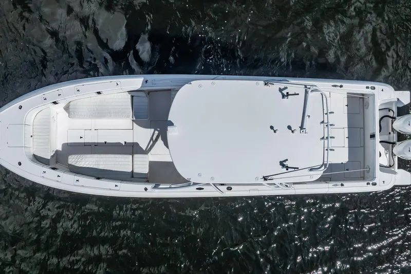 Slide: The Image of Aerial view of 2011 Intrepid 400 Center Console boat on water. - 6