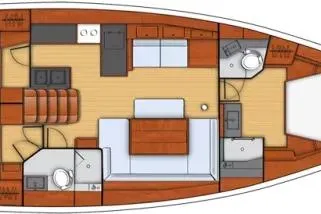Slide: The Image of Floor plan of 2012 Beneteau Oceanis 48 sailboat, featuring cabins and living areas. - 63