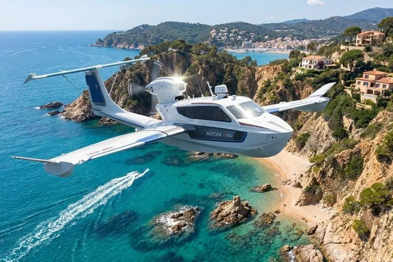 The Image of Futuristic Aron M 80 seaplane flying over scenic coastal cliffs, 2026 model. - 0