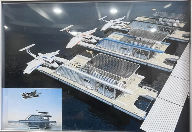 Slide: The Image of Futuristic Aron M 80 seaplanes docked at solar-powered floating platforms, 2025 design. - 22