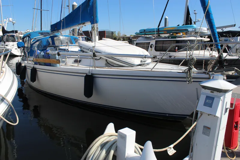 The Image of Catalina 36 MkII 1991 sailboat docked at marina, featuring blue sail cover. - 1