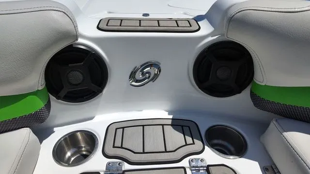Slide: The Image of Interior of 2019 Hurricane SS 202 I/O with speakers and cup holders. - 21