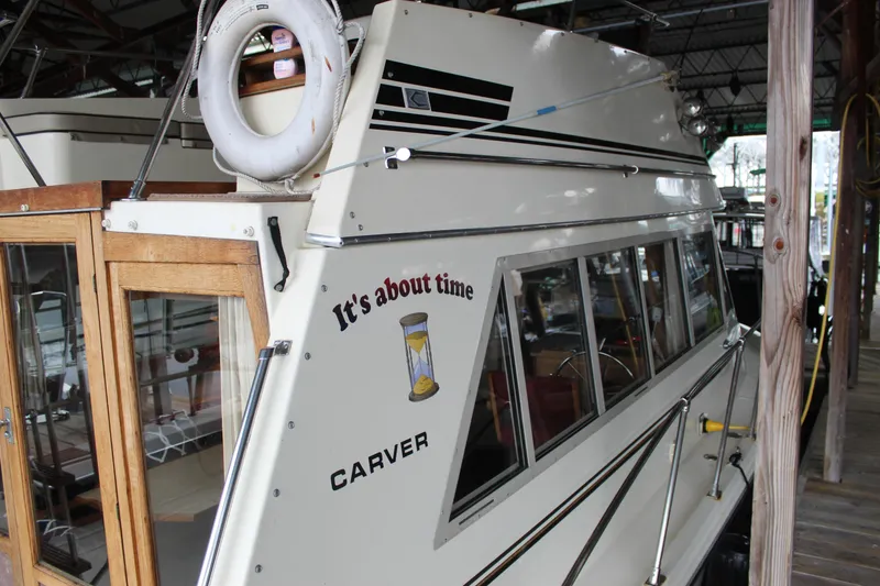 Slide: The Image of 1980 Carver 280 Voyager boat docked, featuring "It's about time" text and hourglass graphic. - 4