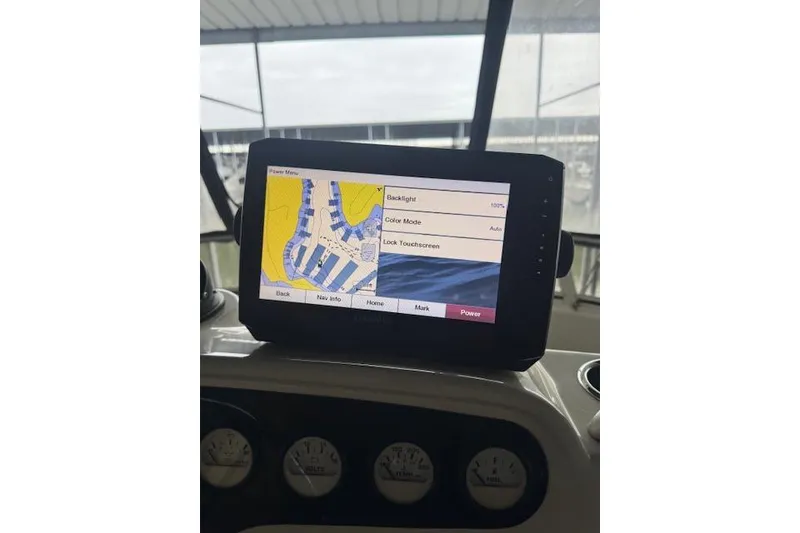 Slide: The Image of Navigation screen on 1998 Silverton 372 Motor Yacht dashboard, displaying map and settings. - 9