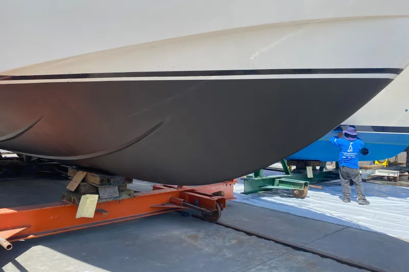 Slide: The Image of 1988 Vantare 46' Aft Cabin Wide Body MY on dry dock for maintenance. - 67
